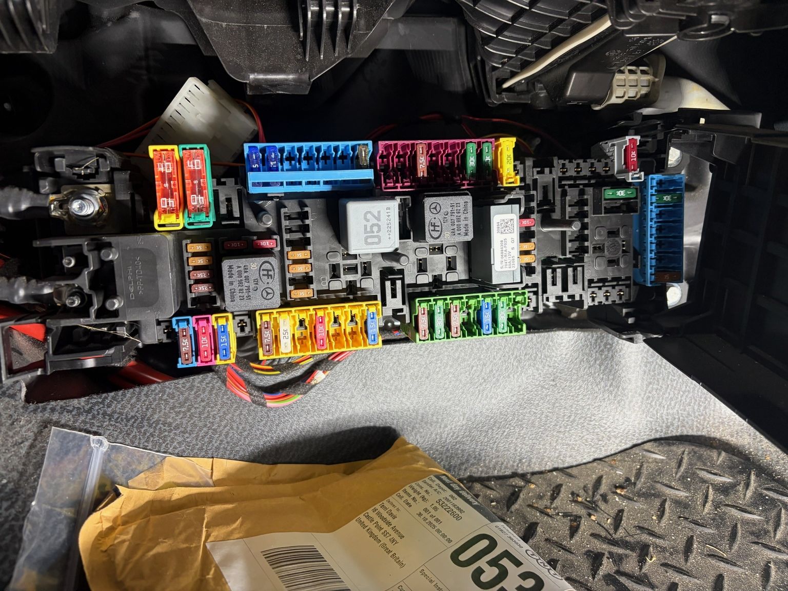 Mercedes fuse box and relay panel with coloured blade fuses