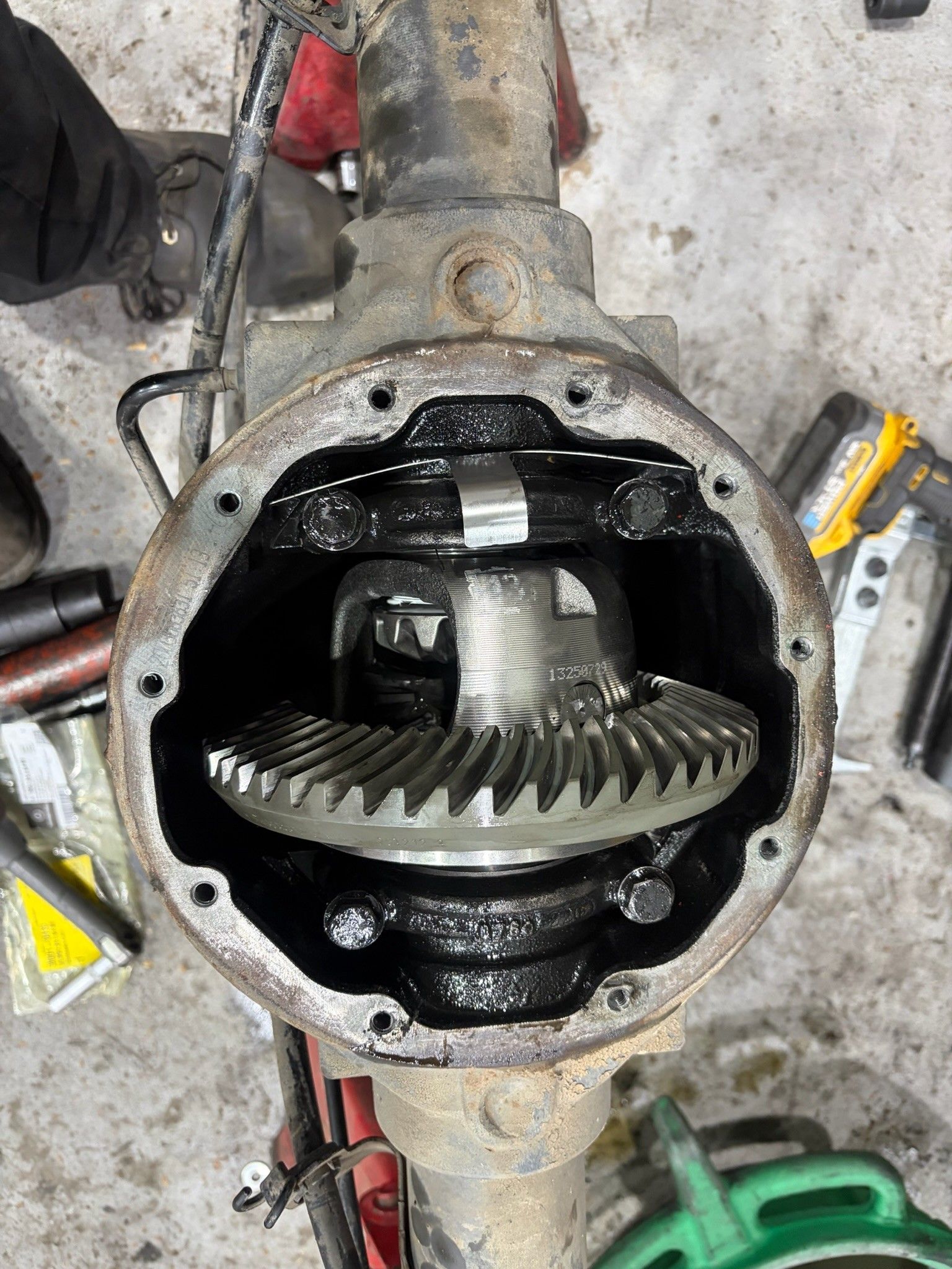 Open rear differential showing ring gear and carrier assembly