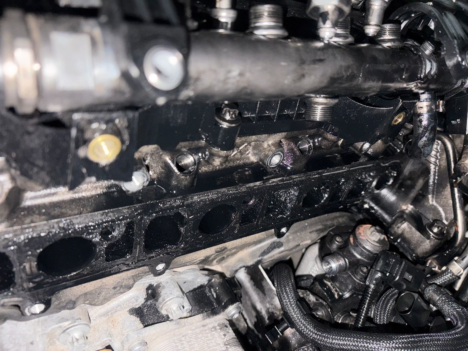 Diesel engine intake manifold and fuel rail area soiled with oil