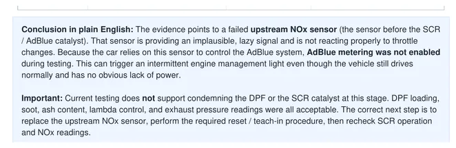 Plain-English summary section from a written diagnostic report