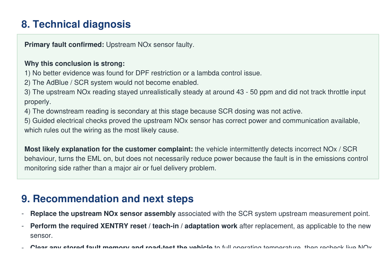 Technical diagnosis summary from a written report