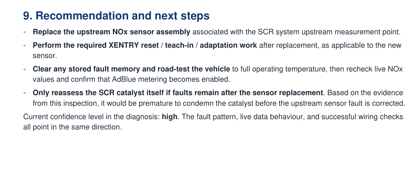 Next steps section from a written diagnostic report