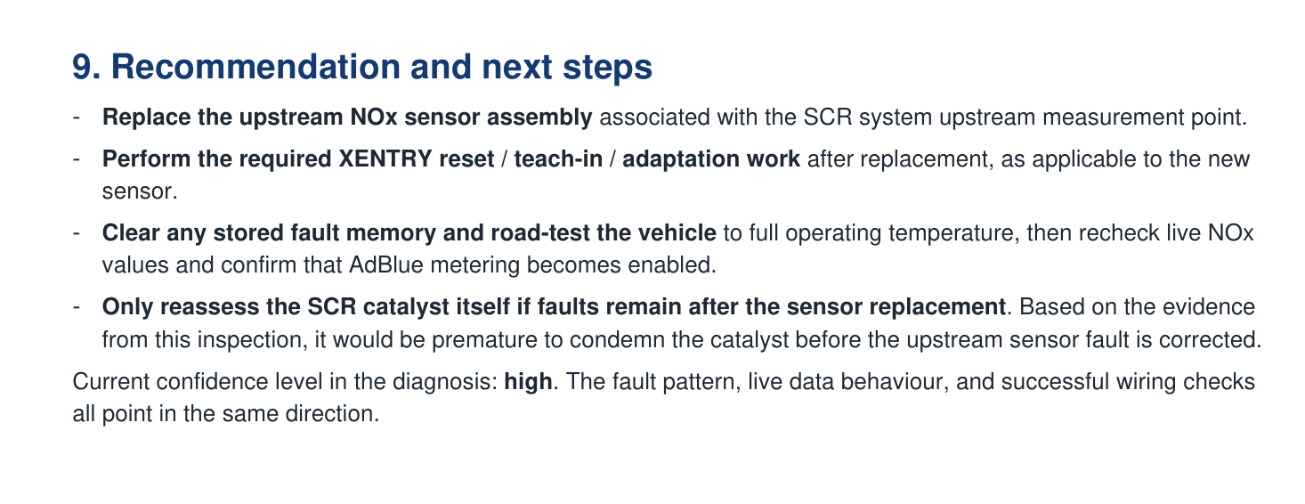 Recommendation bullets excerpt from a written diagnostic report