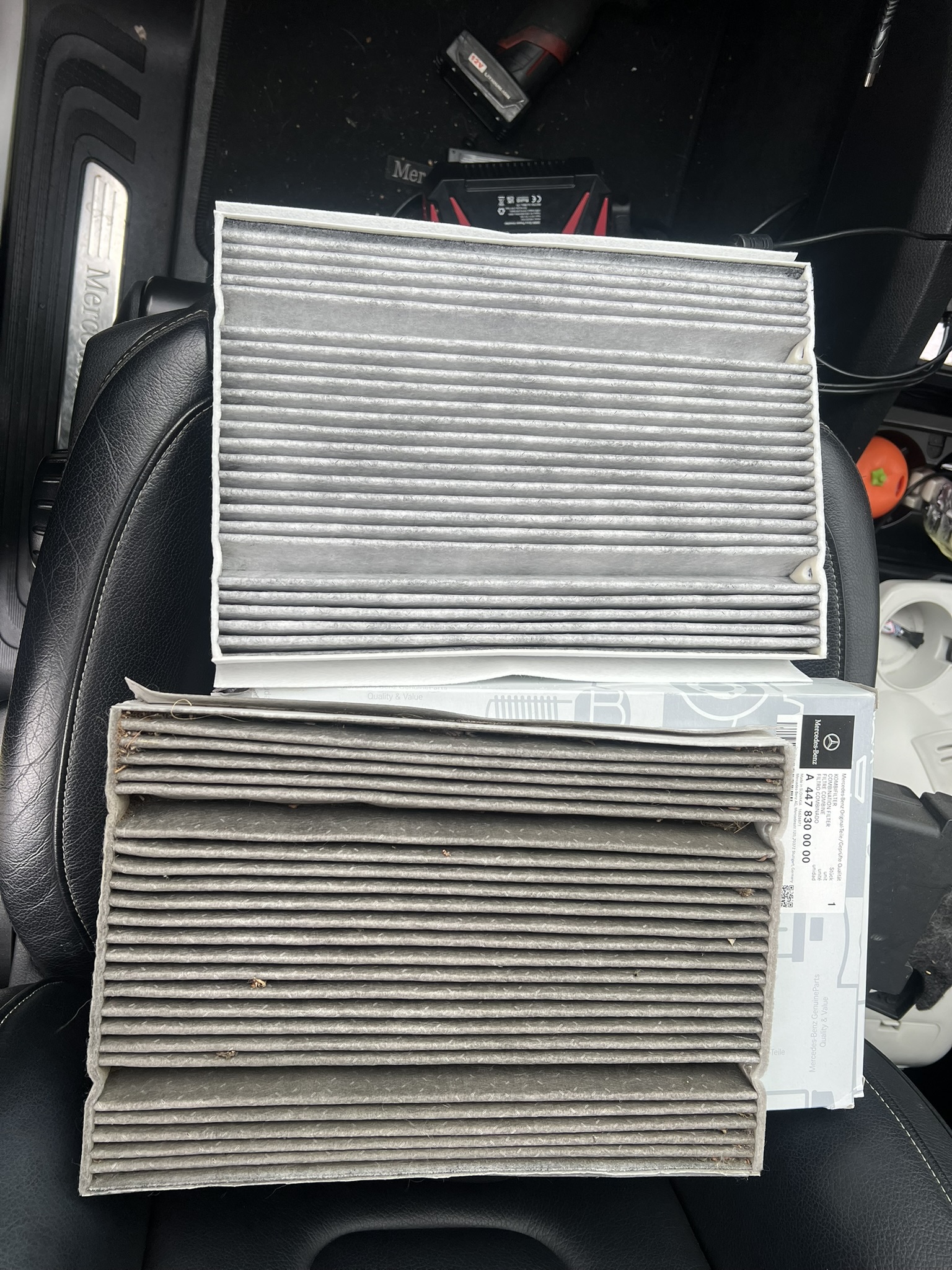 Old and new Mercedes cabin filters side by side